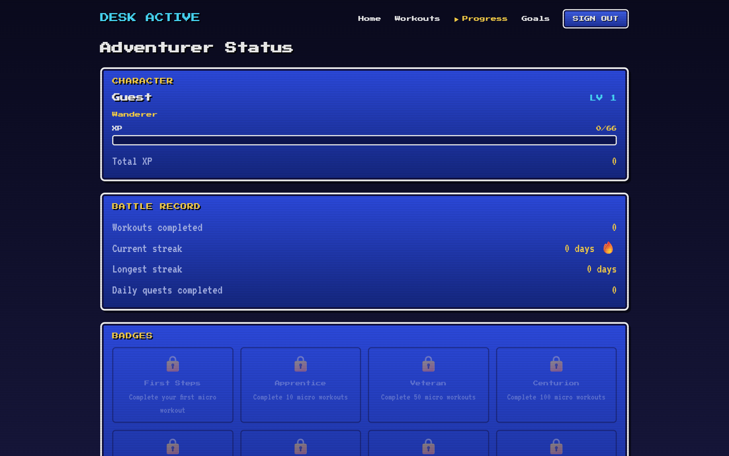 DeskActive adventurer status screen with XP bar, battle record and badges